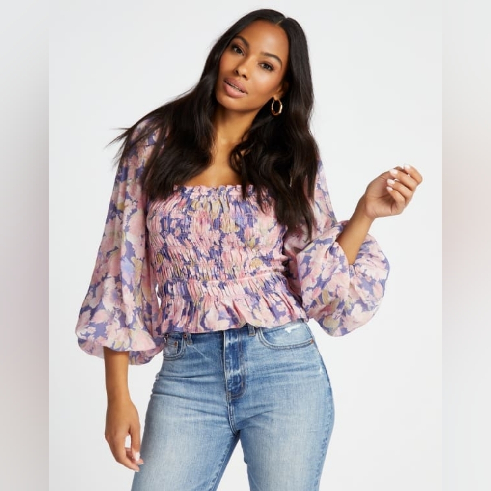 Astr Nicolette Top - Floral Peasant Smocked Blouse - Pink and Purple - L - NWT